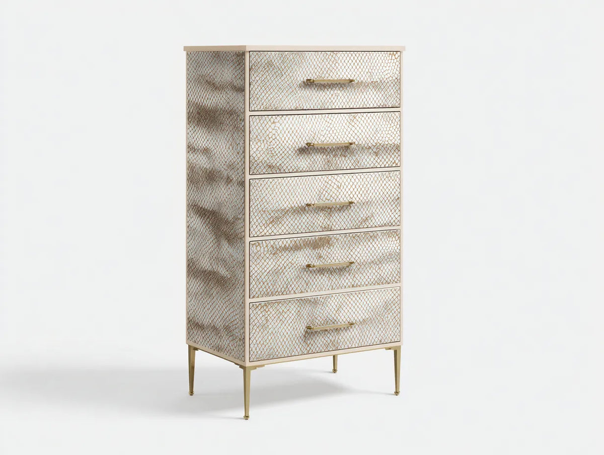 Credenza alta in legno 82×40×138 cm - bianco oro - superficie decorativa dal profilo elegante