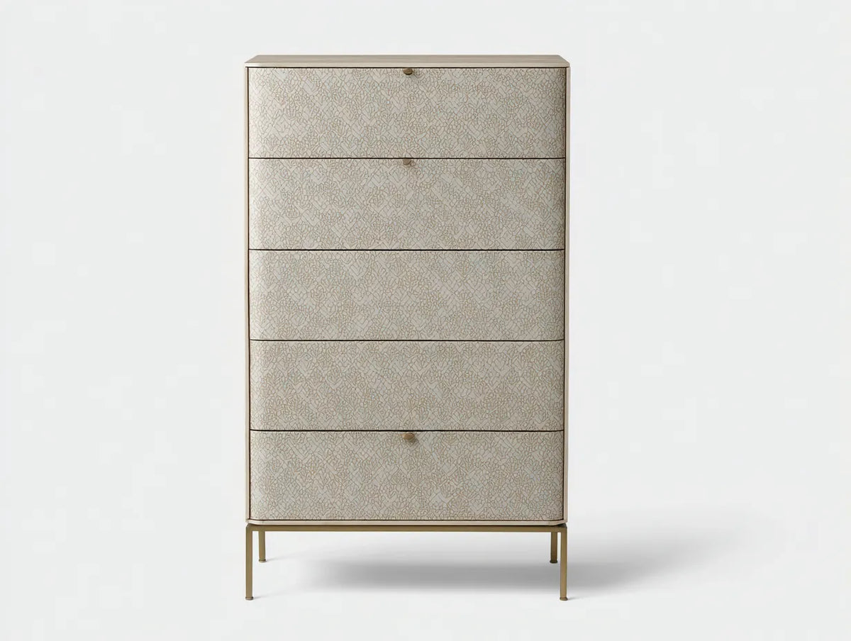 Credenza Sala da pranzo verticale in legno e metallo 84×43×146 cm - beige/oro - design moderno con frontali decorativi