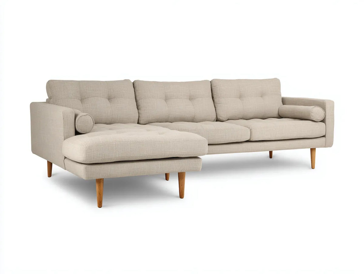 Divano angolare in tessuto 248×160×84 cm - beige - seduta trapuntata con chaise longue