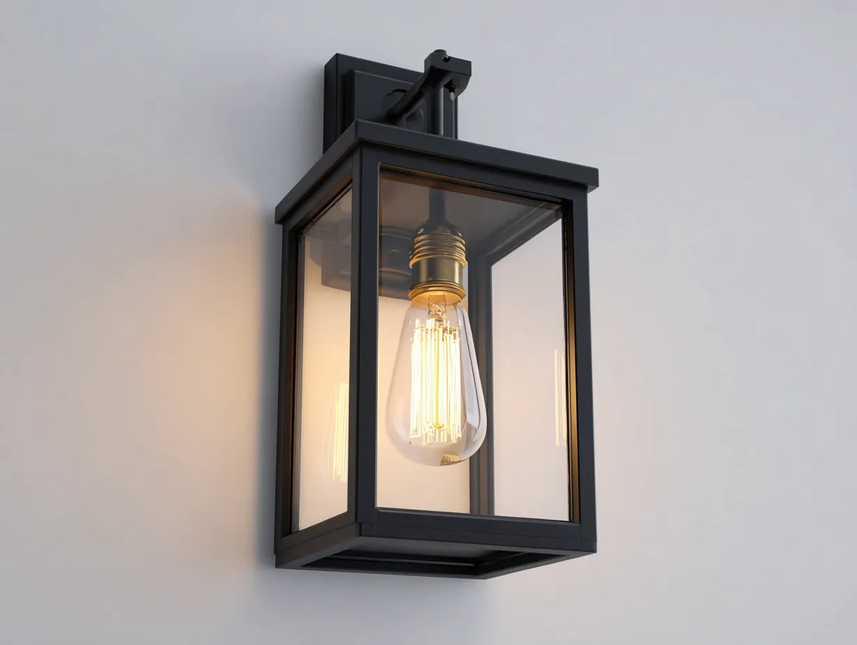Lampada da parete per esterno in metallo 25×20×41 cm - nera trasparente - struttura rettangolare con sorgente a vista
