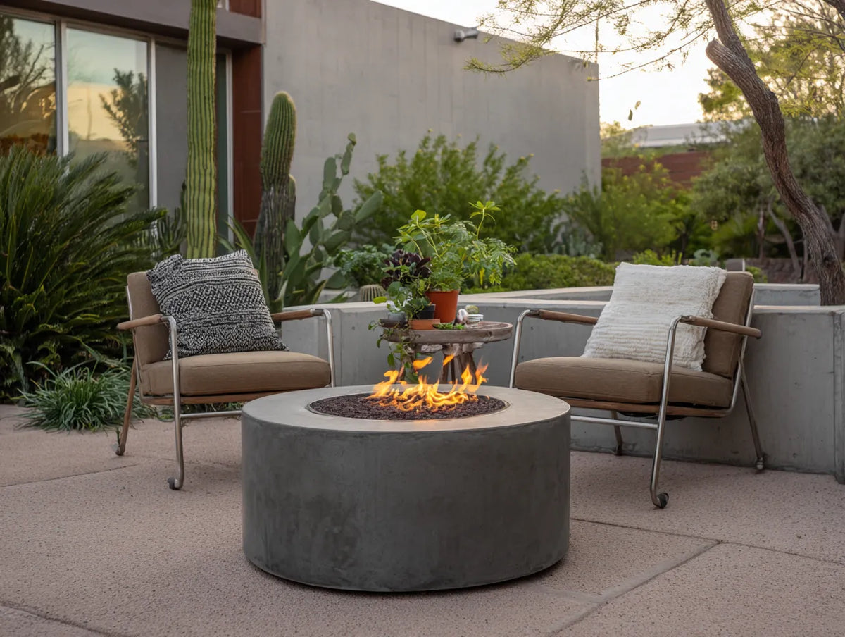 Stufa da esterno in cemento 95×95×45 cm - grigio - struttura cilindrica con fiamma centrale