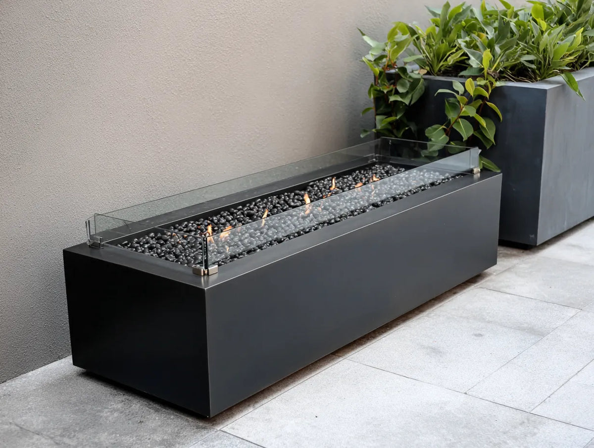 Stufa All'Aperto rettangolare in metallo 120×45×50 cm - nero - design moderno con protezione in vetro
