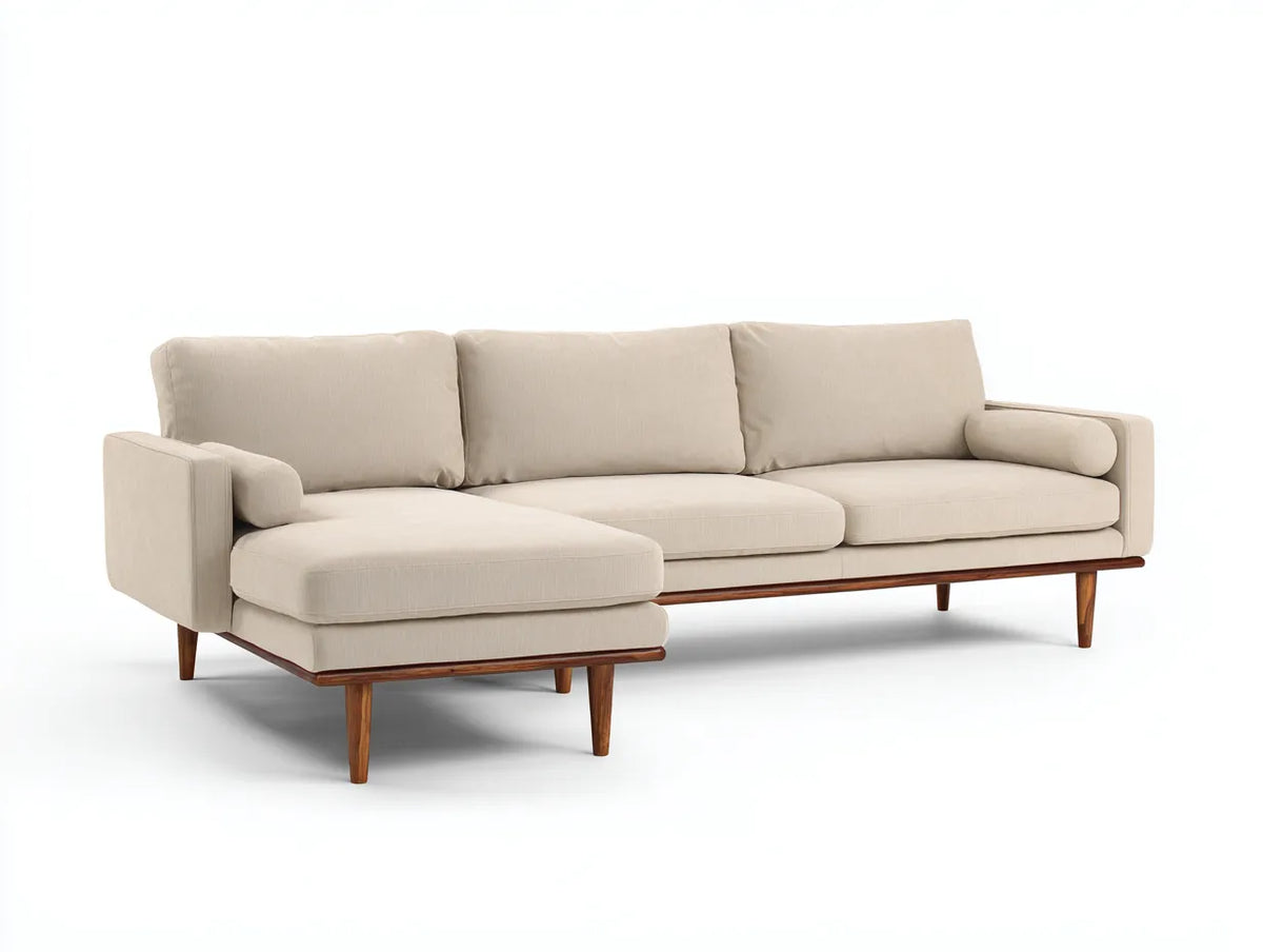 Divano angolare in tessuto 250×158×86 cm - beige legno chiaro - chaise longue con base rialzata