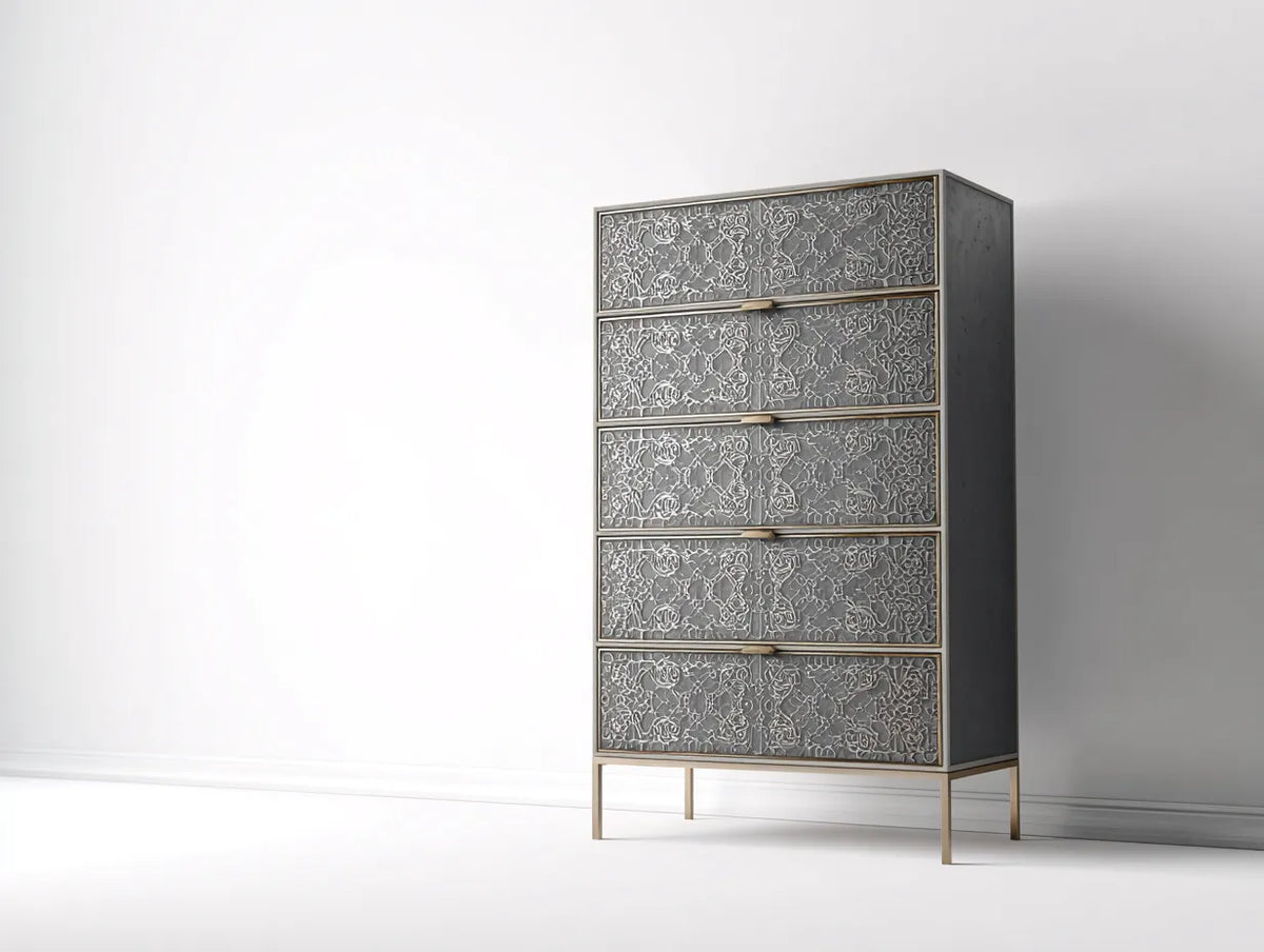 Credenza Sala da pranzo alta in legno e metallo 88×42×148 cm - grigio/oro - stile decorativo contemporaneo